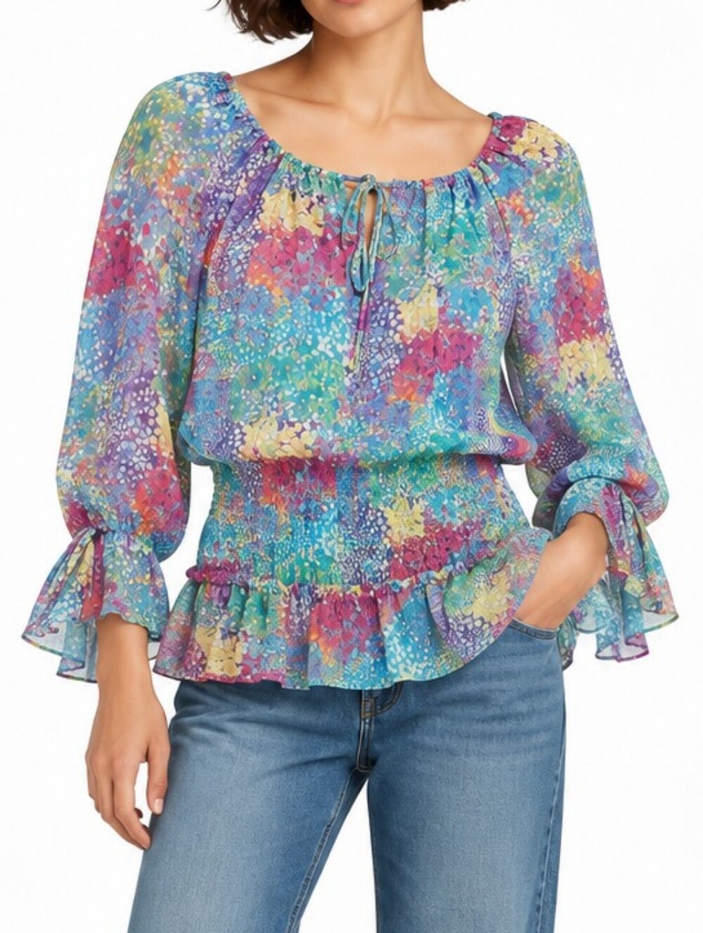 ABS Women Multicolor Sheer Blouse Smocked Waist Bell Sleeve Boho Y2K Top